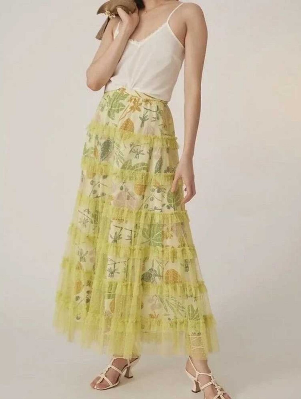 Anthropologie Lemon Floral Tiered Maxi Skirt Line Is Let Me Bee SZ LARGE